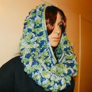 Unique Green Blue White Cowl  Stunning Neck Warmer Hand Crochet